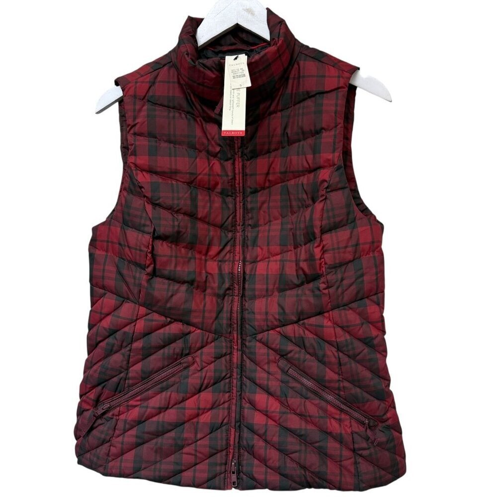 TALBOTS Womens Puffer Vest Size Small Red Black Plaid 80% Down New Imperfect